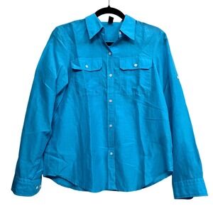 Lauren Ralph Lauren Turquoise Button Down Shirt Classic Preppy Silk Cotton PM